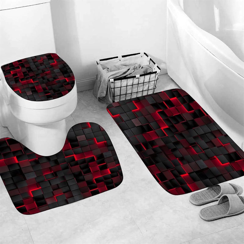 LQCOOL 4Pcs Shower Curtain Set Black 3D Cubes Shower Curtain Set Modern Bathroom Sets with Shower Curtain and Rugs Red Shower Curtain with 12 Hooks - Image 4